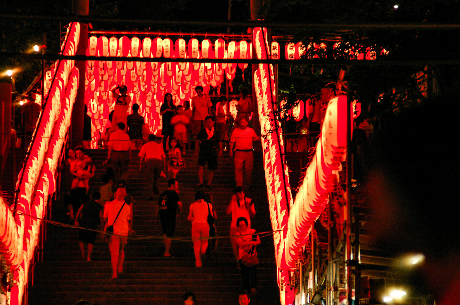 神社の通り道にぎっしり並べられた提灯
